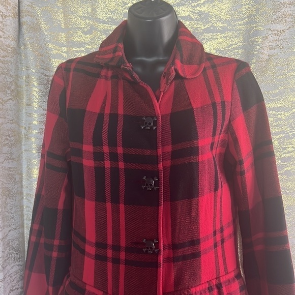 Anthropologie BB Dakota Red/Black Plaid Gothic Skull Pea Coat Coat Size S - Picture 5 of 16
